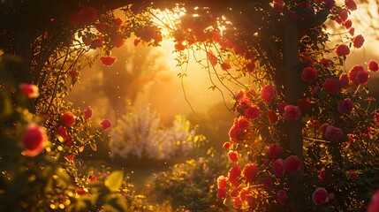 Fototapeta na wymiar Enchanted garden gateway at sunset, warm glowing light through floral arch, fantasy scene for creative projects. AI