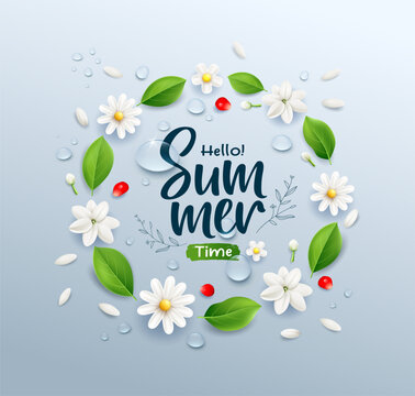 Summer time white jasmine flower and green leaf, rose petals, water drop, circle shape poster design on blue backgeound, Eps 10 vector illustration
