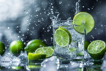 Refreshing caipirinha cocktail with lime and ice on dark grey background