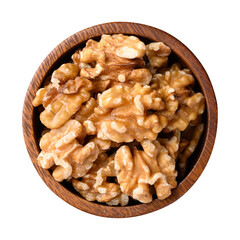 Organic raw walnuts in wooden bowl, top view