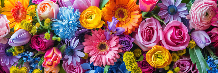 Fototapeta na wymiar Beautiful flower. various colors, various species, bouquet, for anniversaries and special occasions. Wide header. 
