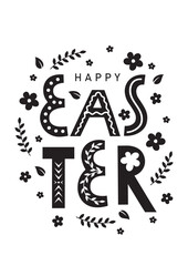 Happy easter hand drawn lettering,black outline elements on white background,vector illustration for poster,easter greeting card,decoration,cut or print,invitation
