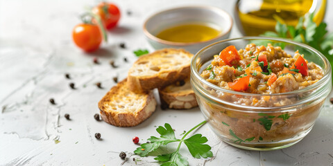 dry veggie vegan pate, in glassware with little toasts and olive oil rosemary on a light background - obrazy, fototapety, plakaty