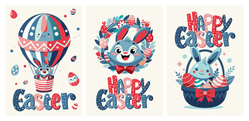 Cute Easter greeting cards with Cartoonish Bunny. Easter rabbit, eggs, wreath, ballon, graphic design elements.  Adorable hare with chubby cheeks, expressive eyes. Happy Easter. Vivid illustrations. 