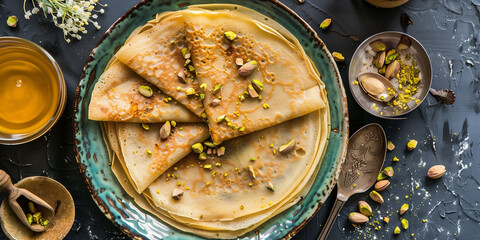 folded Crepes with pistachio and honey