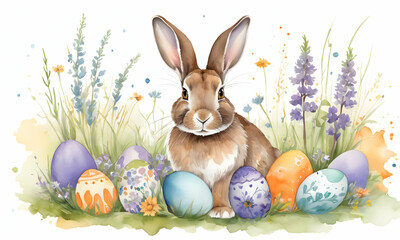 Watercolor rabbit with Easter painted eggs, springs festive spirit, AI illustration.Extra wide banner