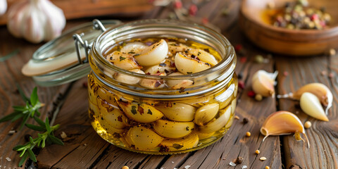 Slow baked garlic cloves in oil in jar, oven baked soft garlic cloves