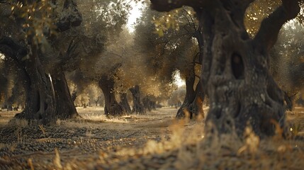 Enigmatic ancient olive trees at sunset, serene nature scenery. old twisted trunks emitting a mysterious ambience. ideal for backgrounds and wallpaper designs. AI