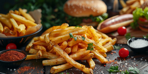 Goutmet fast food french fries and in the background hotdog and hamburger