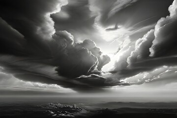 black and white representation of a dramatic cloudscape. It can be used as a background for websites, presentations, or as a backdrop for videos or photo Generative AI - obrazy, fototapety, plakaty