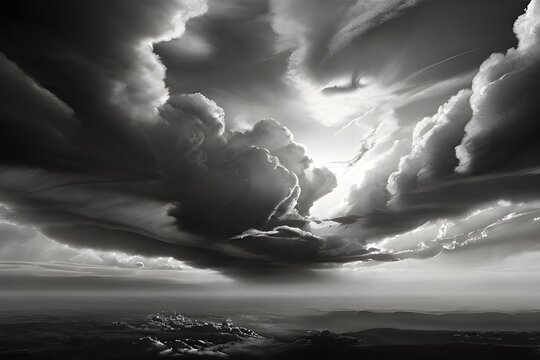 black and white representation of a dramatic cloudscape. It can be used as a background for websites, presentations, or as a backdrop for videos or photo Generative AI