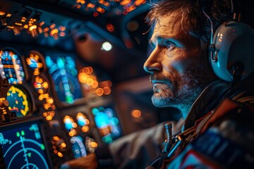 Focused pilot reviewing flight data in a cockpit during night - obrazy, fototapety, plakaty