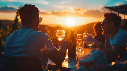 A group of man friends tasting wine in the sunset at the wineyard