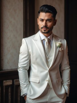 Portrait of a handsome groom in white theme color suit for wedding from Generative AI