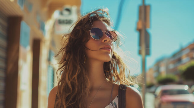 woman in sunglasses on the street in summertime beachwave hair 