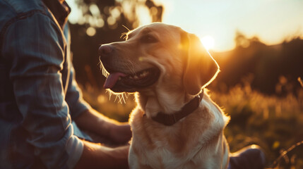 Portrait of a labrador near the owner in sunrise or sunset orange light