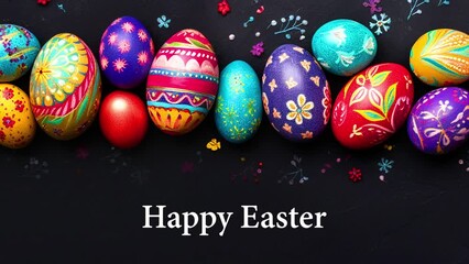 Colorful Easter eggs on dark grey background with text in slow motion animation
