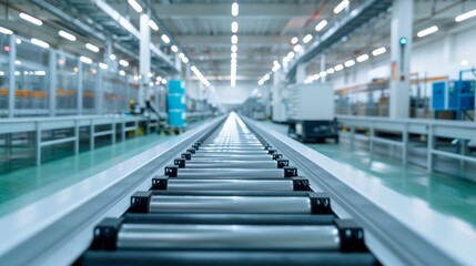 Modern conveyor belt system in a bright industrial warehouse