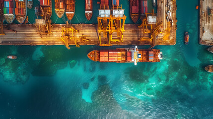 Aerial top view of cargo maritime ship with contrail in the ocean ship carrying container and running for export concept technology freight shipping by ship forwarder mast - obrazy, fototapety, plakaty