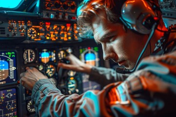 Focused technician with headset checking aircraft avionics in cockpit - obrazy, fototapety, plakaty