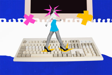 Photo collage artwork of absurd businesswoman in formalwear stilettos steps accident clicks keyboard pc isolated on white background