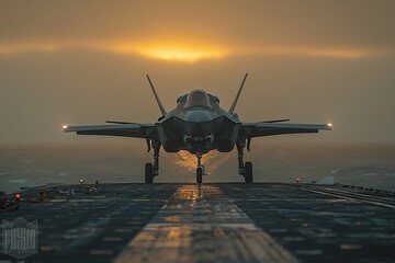 F-35 fighter jet performing a precision landing at sunset on an aircraft carrier - Powered by Adobe