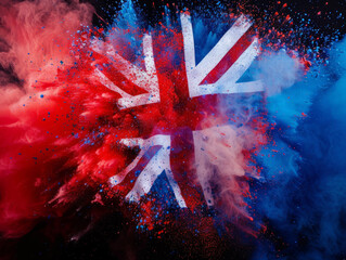 abstract artistic representation of the union jack in red and blue smoke, Exploding dust in the colour of UK flag, red white and blue