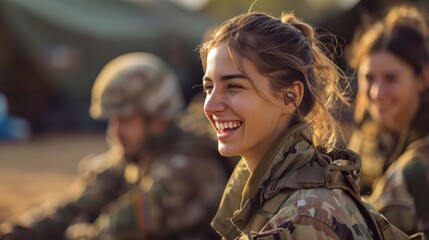Joyful female soldier sharing a laugh with military colleagues during downtime - obrazy, fototapety, plakaty