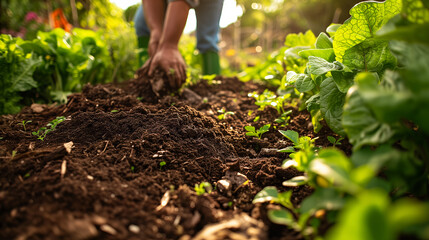 A person is digging in the dirt, planting a seedling