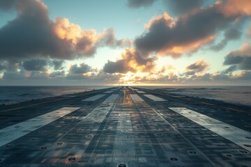 Sunset over empty aircraft carrier deck with dramatic sky