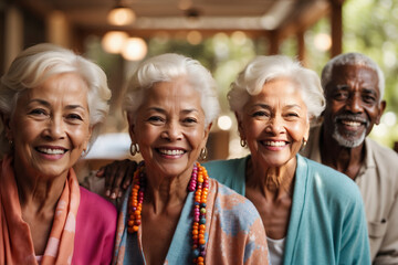Lebensfrohe Seniorinnen und Senior im Wellness-Resort voller Lebensfreude - obrazy, fototapety, plakaty
