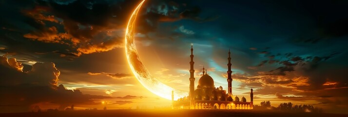 Minimalist mosque silhouette with golden crescent moon on dark background for text placement