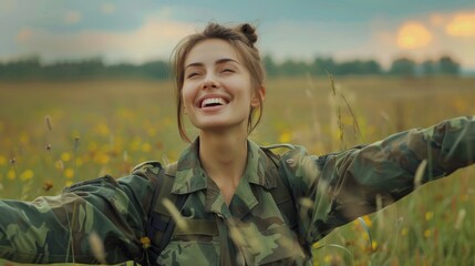 Joyful woman in army attire embracing freedom in a blooming field - Powered by Adobe