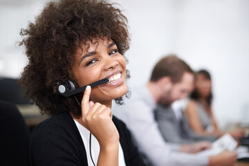 Customer service, happy and portrait of woman in office with headset working on online...