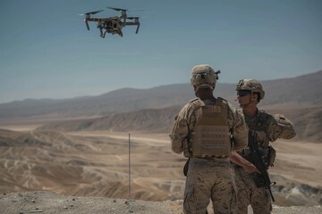 Marines in training operation with advanced combat drone in desert