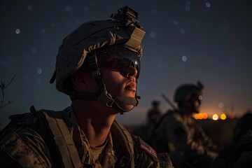 US Marines engaged in night UAV operations under starry sky