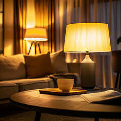 Glowing lamp on coffee table near sofa in living room.AI generated