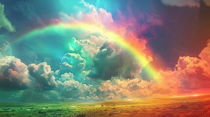 
beautiful landscape with big clouds and a rainbow in the sky
