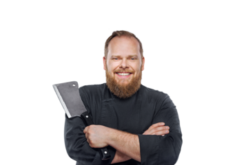  Friendly chef cook holds a big meat knife isolated on free PNG background.