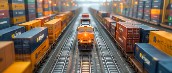 A freight train glides between rows of cargo containers, mirroring the precise synchronization of global shipping operations - obrazy, fototapety, plakaty