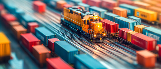 An orange freight train navigates through a maze of colorful containers, a testament to the organized chaos of rail logistics - obrazy, fototapety, plakaty