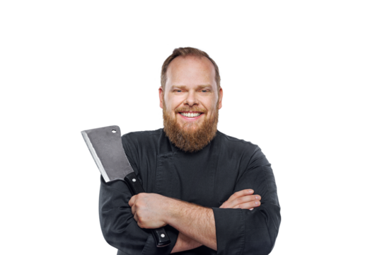  Friendly chef cook holds a big meat knife isolated on free PNG background.