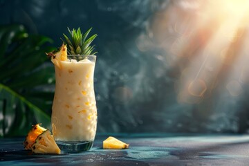 Refreshing Pina Colada cocktail with pineapple garnish in radiant sunlight - obrazy, fototapety, plakaty