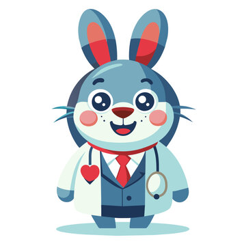 Cute print with Cartoonish doctor Bunny. Trendy sticker rabbit in a medical uniform. Heart. Graphic design for card, poster, wallpaper, t-shirts. Adorable hare for kids, nursery. Vivid illustration.  