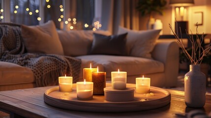 "Candlelit Coziness: Detailed 3D Render of a Warm Living Room Setting"