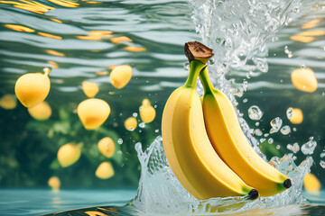 Bananen die in Wasser fallen Nahaufnahme Hintergrund