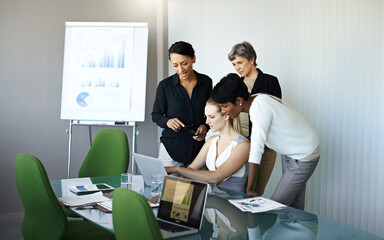 Meeting, presentation and business people with statistics in discussion, talking and collaboration. Teamwork, corporate office and women with laptop, graph and chart for planning, review and research