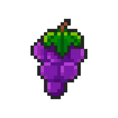 Pixel purple grape isolated on white background. Bunch of grapes. Pixelated sticker. Slot machine or video game item. Fruit icon. Vector pixel art illustration in 8 bit old style.