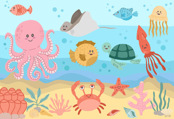 Naklejka premium Sea animals in a seascape with corals and sand. Octopus, turtle, jellyfish, fish, stingray and other animals. Vector flat style illustration