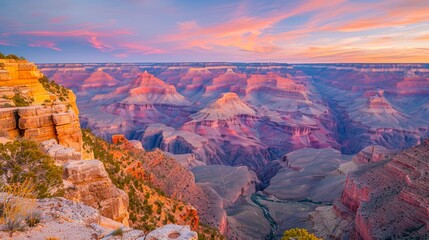 Majestic Sunset Over Grand Canyon National Park with Colorful Sky and Rugged Landscape